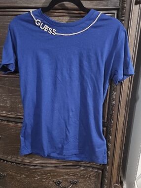 GUESS Royal Blue Short Sleeve Tee with Rhinestone Logo